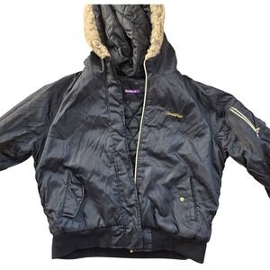 Southpole Puffer Jacket Black Hooded Fur Trim Zip Up Jr xxL Y2K